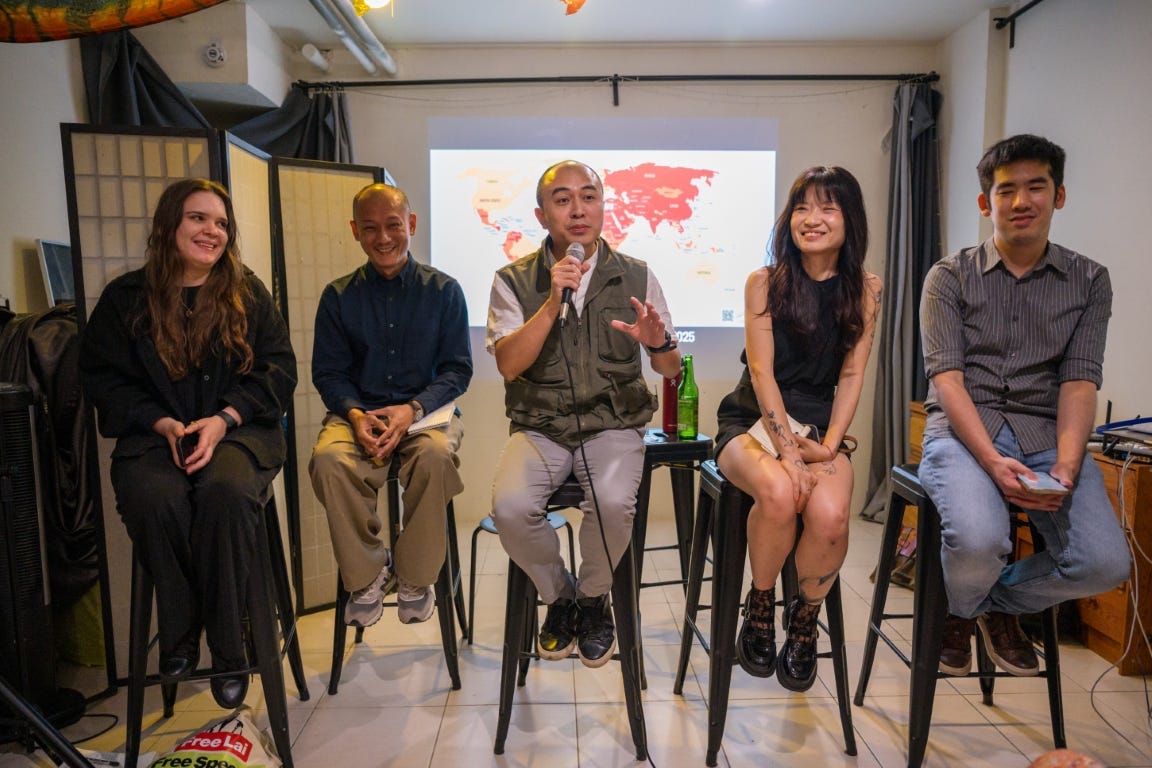 A panel of five journalists and advocates (Shirley Leung Ka Lai, Editor-in-Chief, Photon Media; Aleksandra Bielakowska, Advocacy Manager and Taiwan Chapter - Chairperson, Reporters Without Borders (RSF) ; Will Yang, journalist and member of the standing executive committee, the Association of Taiwan Journalists (ATJ) ; Long Huu Trinh, journalist and Interim Executive Director, Legal Initiatives for Vietnam ; Brian Hioe, founding editor of New Bloom and TFCC board director)