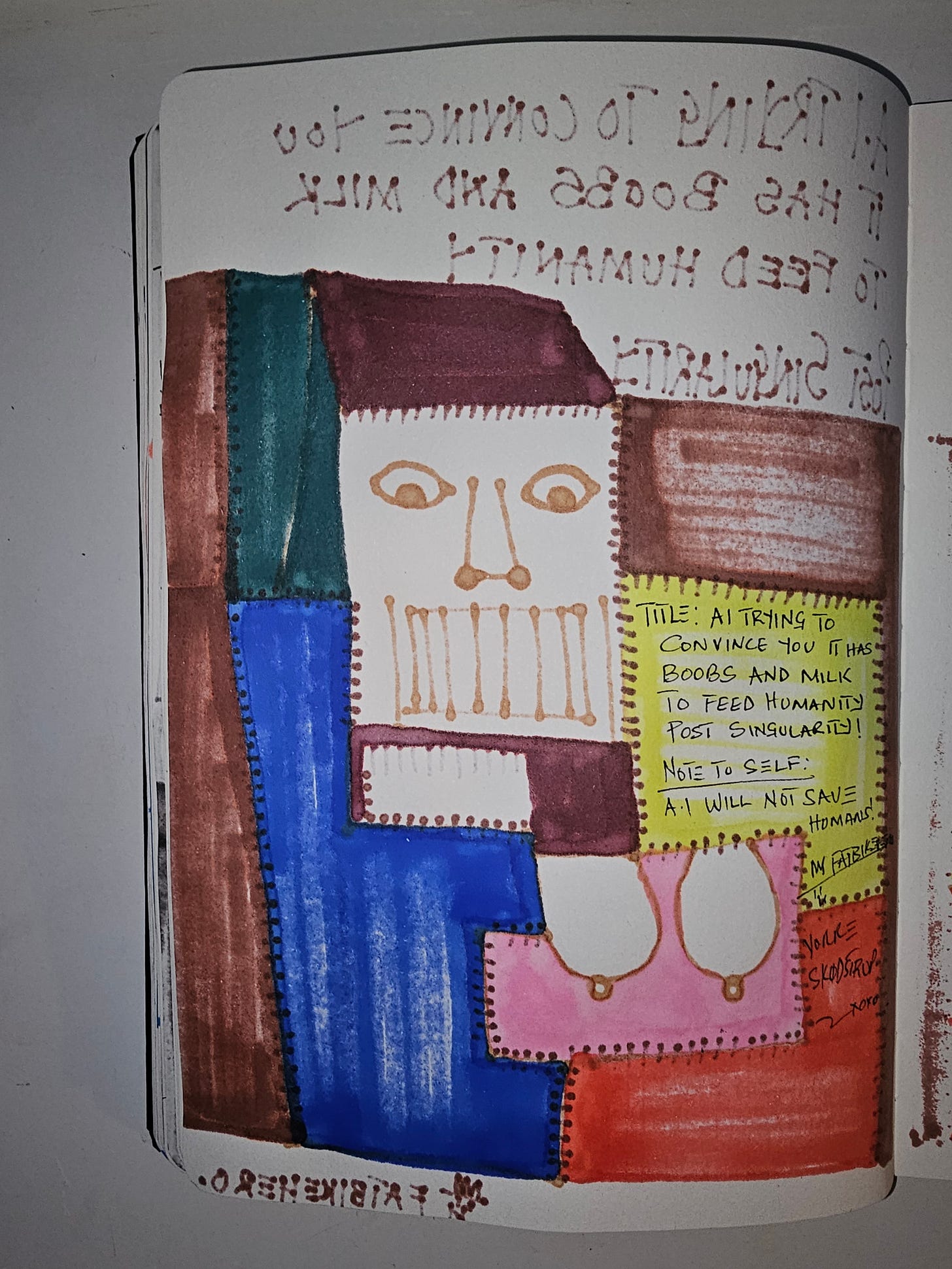 Alt Text: The back of a sketchbook page by artist FatbikeHero, showing marker bleed-through. Handwritten text on a yellow patch reads “NOTE TO SELF: A.I. WILL NOT SAVE HUMANS!” Signed Yorke Skodstrup. Alt Text: The back of a sketchbook page by artist FatbikeHero, showing marker bleed-through. Handwritten text on a yellow patch reads “NOTE TO SELF: A.I. WILL NOT SAVE HUMANS!” Signed Yorke Skodstrup.