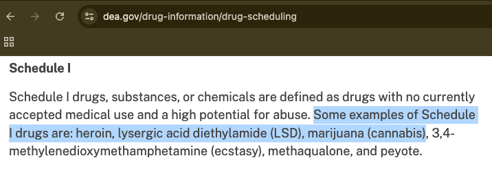 Screenshot of federal drug scheduling guidelines from DEA banning marijuana as Schedule I narcotic week Trump okayed medical marijuana as Schedule III