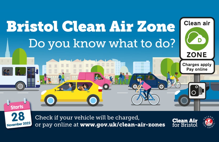 A graphic advertising the Bristol Clean Air Zone with the text: "Bristol Clean Air Zone. Do you know what to do? Starts 28 November 2022. Check if your vehicle will be charged, or pay online at www.gov.uk/clean-air-zones". The image features a city street scene with a bus, cars (one yellow, one pink, one blue), people walking, and a cyclist. A circular road sign with a green cloud and the letter 'D' clearly marks the Clean Air Zone.