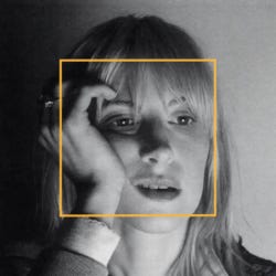 A close-up picture of Hayley Williams with a yellow square around her face.