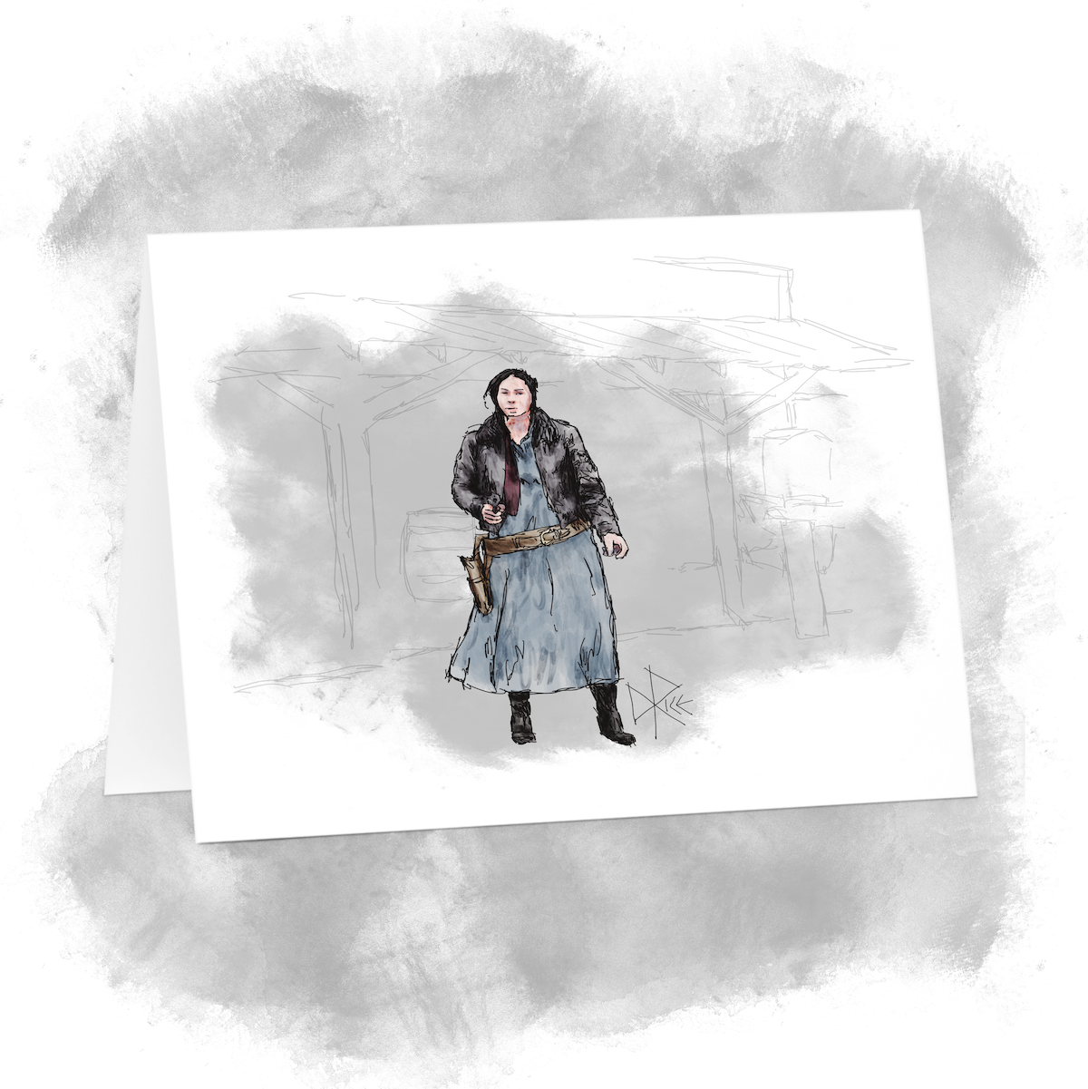 Wearing a jacket over her blue dress and a gun belt on her hip, with her gun drawn and ready to shoot, a woman stands on the dirt road in front of an old western business. Sketch art by Don Rice. Wearing a jacket over her blue dress and a gun belt on her hip, with her gun drawn and ready to shoot, a woman stands on the dirt road in front of an old western business. Sketch art by Don Rice.