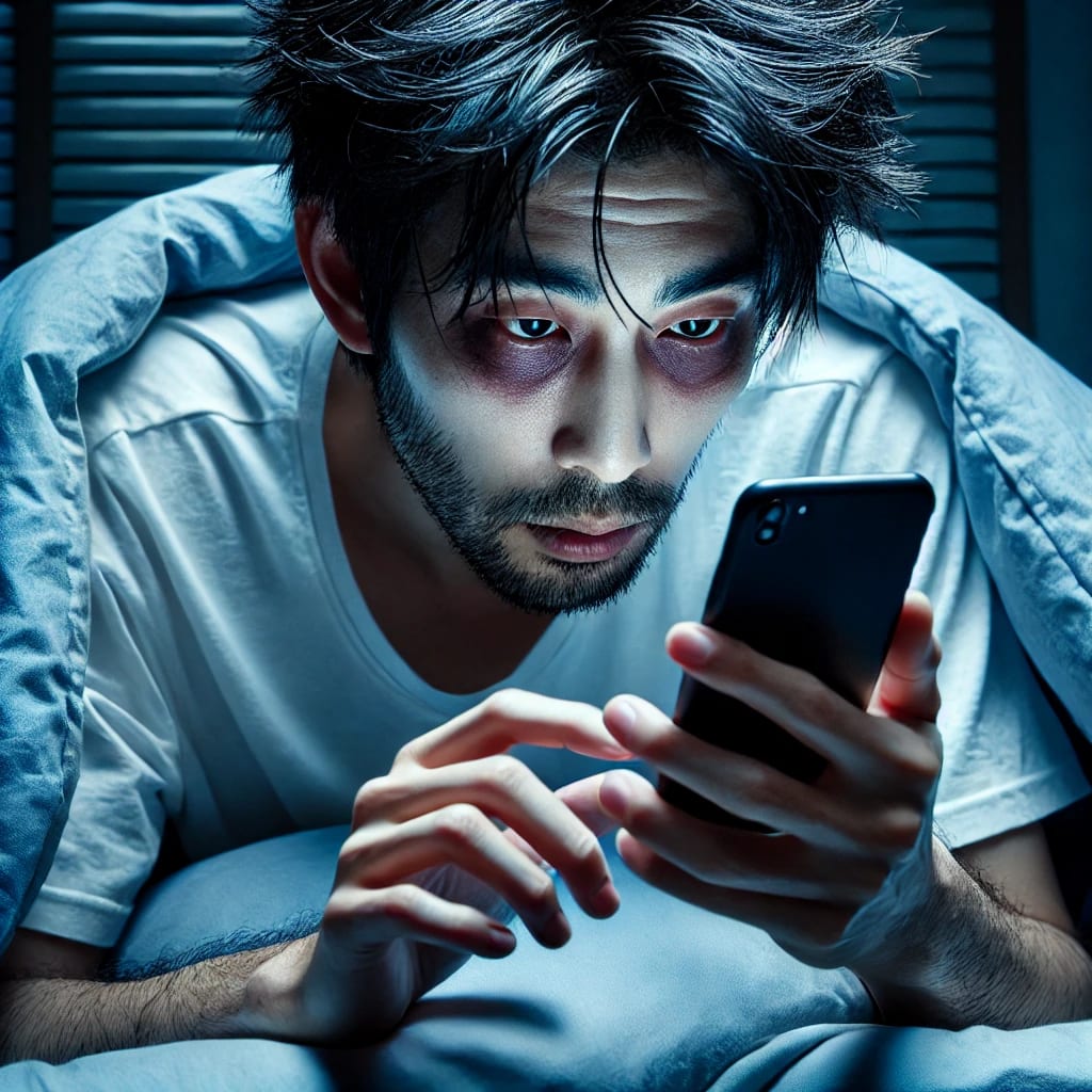 A high-definition photo of an Asian man waking up in bed, looking at his phone with a zombie-like expression. He should have disheveled hair, a tired and lifeless look in his eyes, and be surrounded by a messy bed. The lighting should be dim, typical of early morning, with the phone screen casting a bluish glow on his face. The overall scene should convey a sense of mindless, habitual phone checking immediately upon waking. Ensure he has only two hands.