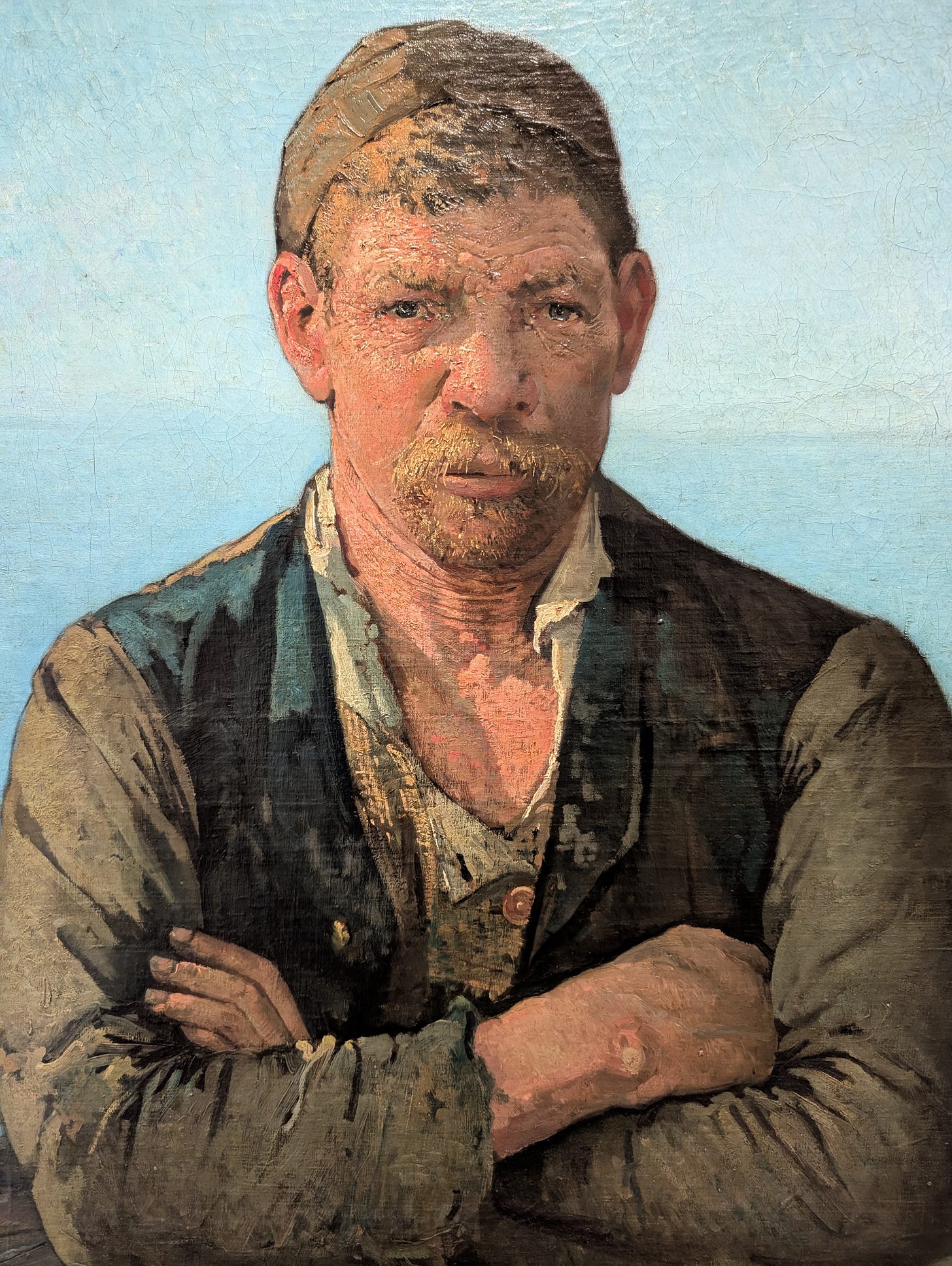 Painting of a bemused and weathered man with crossed arms