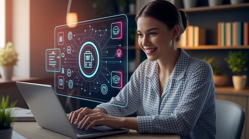 The image depicts a professional woman immersed in her work at a modern desk setup, symbolizing the seamless integration of human expertise with advanced digital tools. She is focused on a laptop screen displaying a vibrant, futuristic interface filled with icons and data visualizations, representing the power of technology in driving online business growth. The surrounding environment, complete with warm lighting, plants, and books, creates an inviting workspace that balances productivity and c