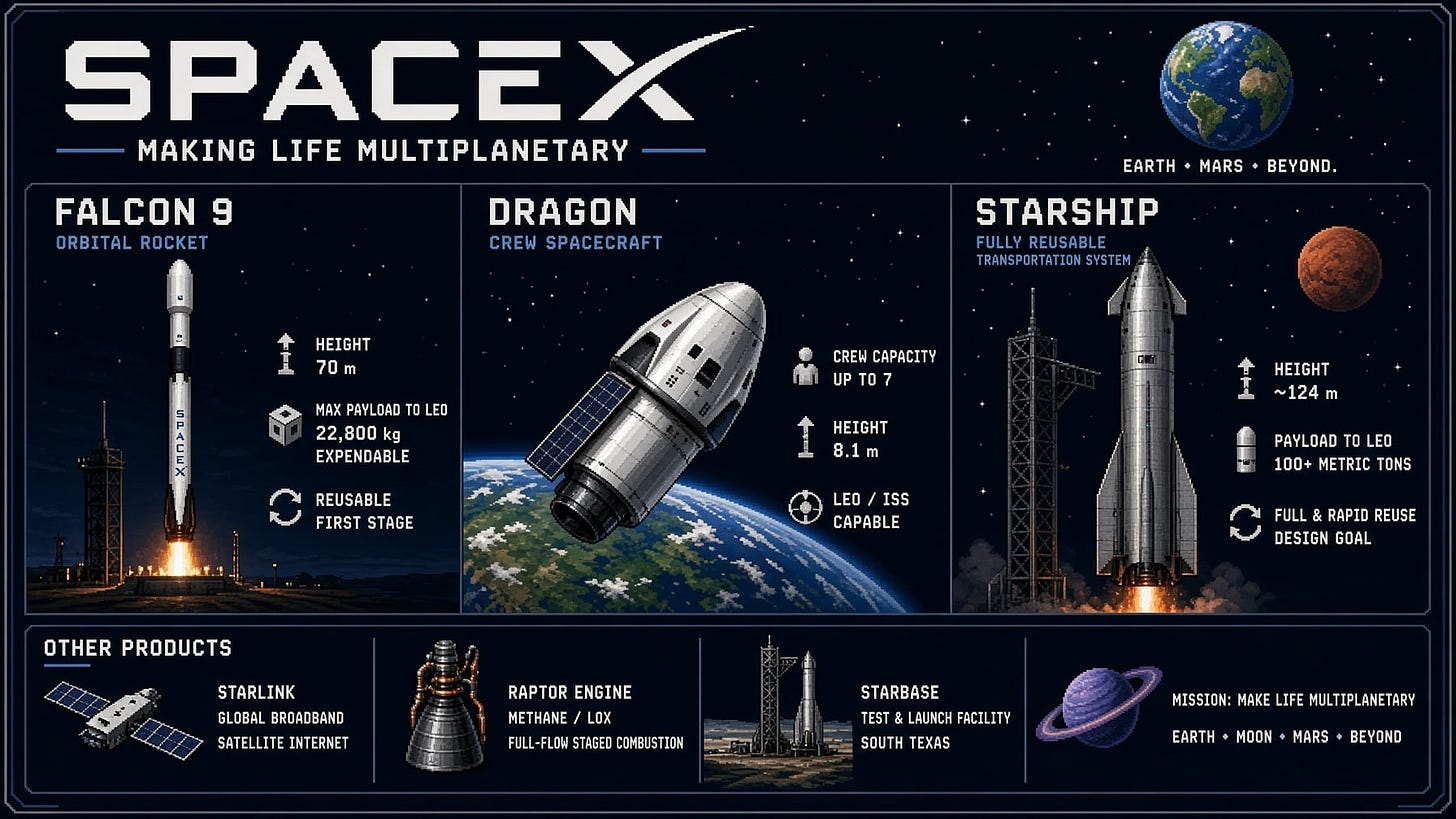 Pixel-art SpaceX infographic charting Falcon 9, Dragon, and Starship