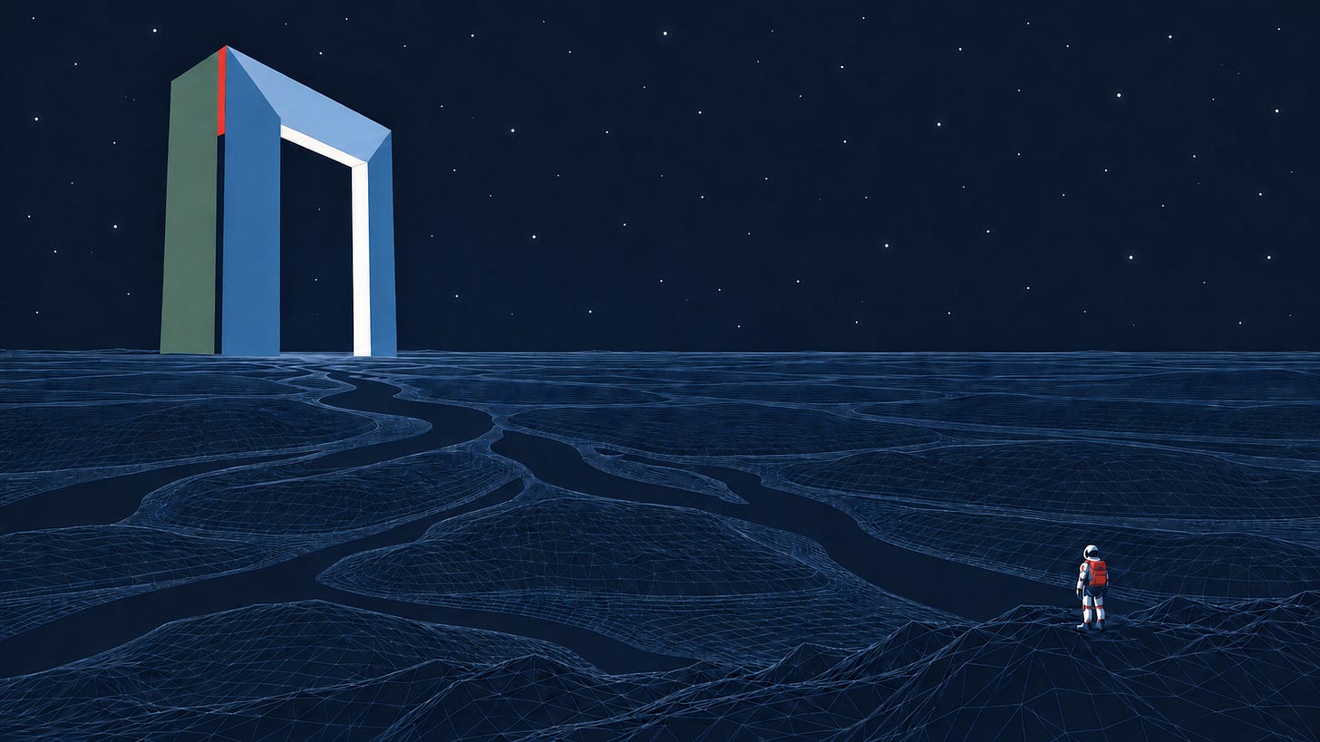 A small explorer crosses a dark wireframe landscape toward a monumental open doorway. A small explorer crosses a dark wireframe landscape toward a monumental open doorway.