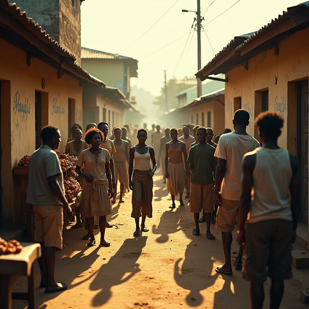 A Jamaican town street in 1941, with people of all ages dressed in worn, earth-toned clothing, queuing patiently for rationed goods, their faces etched with determination.