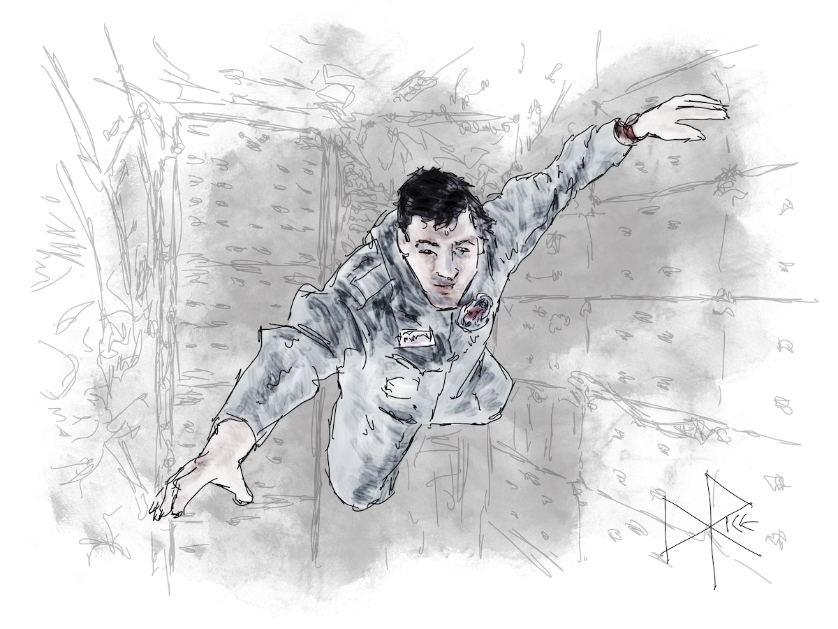 Floating weightless in space, Marc Garneau was a Canadian Armed Forces officer, astronaut, and politician. He was the first Canadian to reach space on October 5, 1984, when Space Shuttle Challenger flew into low-Earth orbit. Sketch art by Don Rice. Floating weightless in space, Marc Garneau was a Canadian Armed Forces officer, astronaut, and politician. He was the first Canadian to reach space on October 5, 1984, when Space Shuttle Challenger flew into low-Earth orbit. Sketch art by Don Rice.