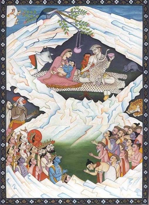 An illustration of the Hindu significance of Mount Kailash. It shows the holy family of Shiva and Ganesha. An illustration of the Hindu significance of Mount Kailash. It shows the holy family of Shiva and Ganesha.