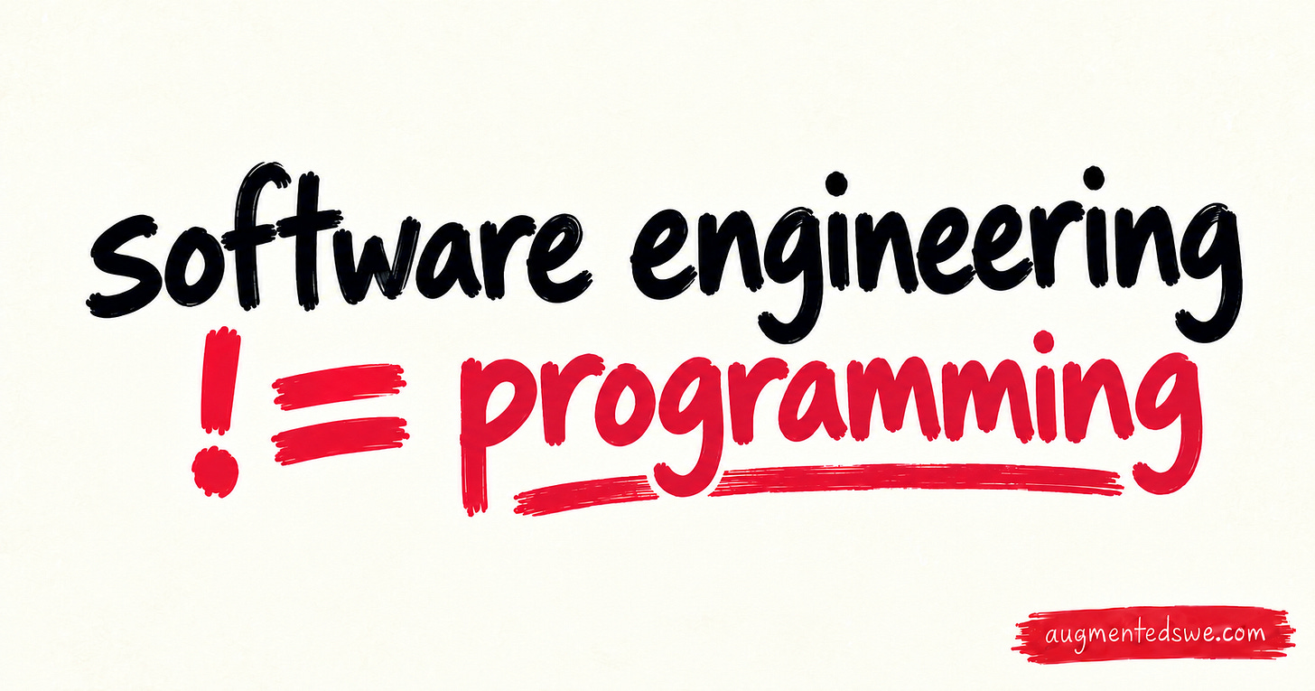 A diagram that shows "software engineering is not the same as programming" A diagram that shows "software engineering is not the same as programming"