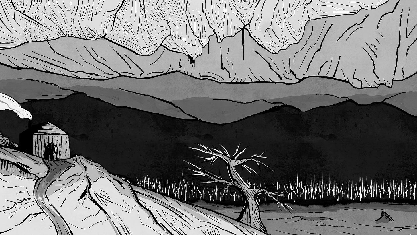 A cottage and sub-surface forest, illustrating a ttrpg dungeon space.