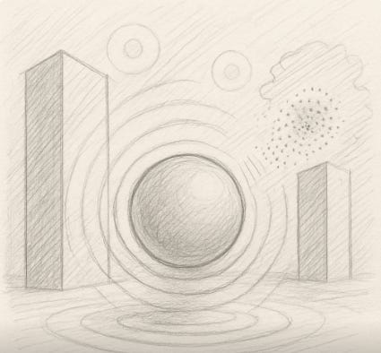 Pencil sketch of a central transparent sphere emitting concentric rings, flanked by tall rectangular structures, with two smaller circles in the sky and a cloud-like cluster of dots suggesting hidden presence.