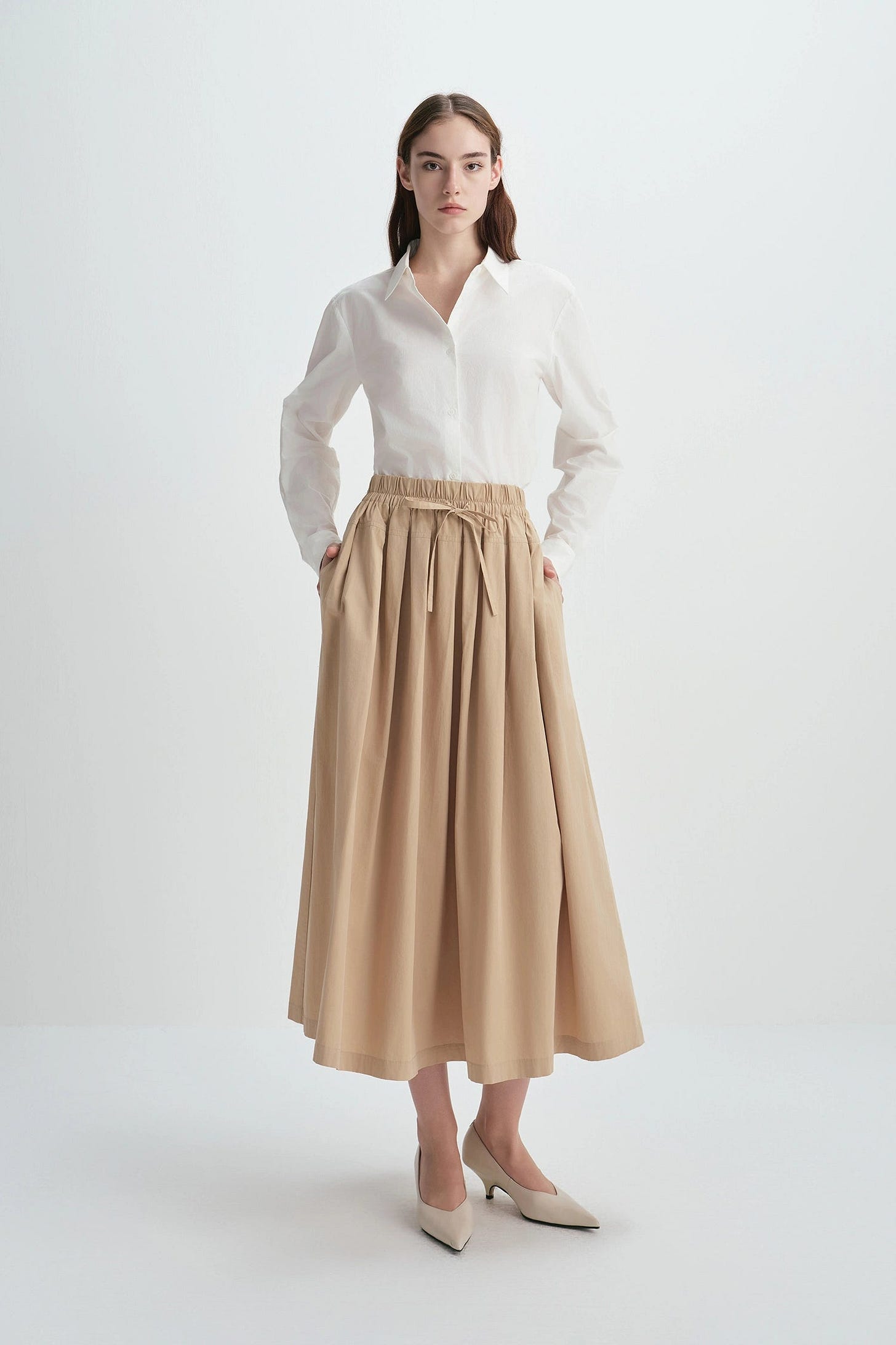 Panier Drawstring Waist Pleated Skirt Khaki