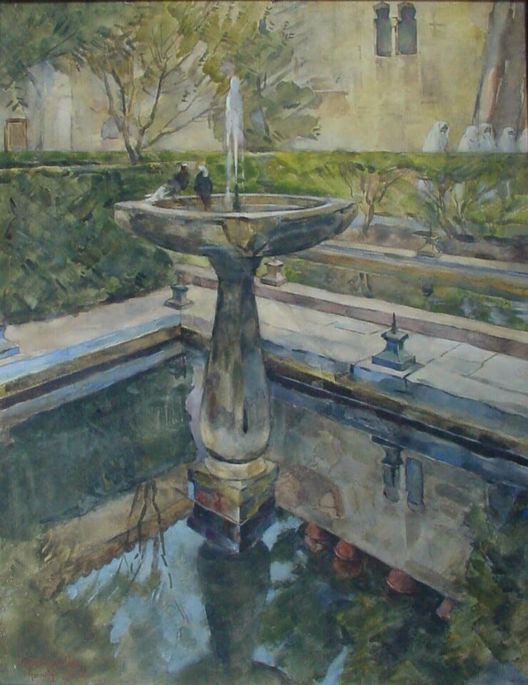 'Fontein te Granada' - aquarel: Gerard Muller (herkomst: coll. Kunsthandel Pygmalion, Maarssen))