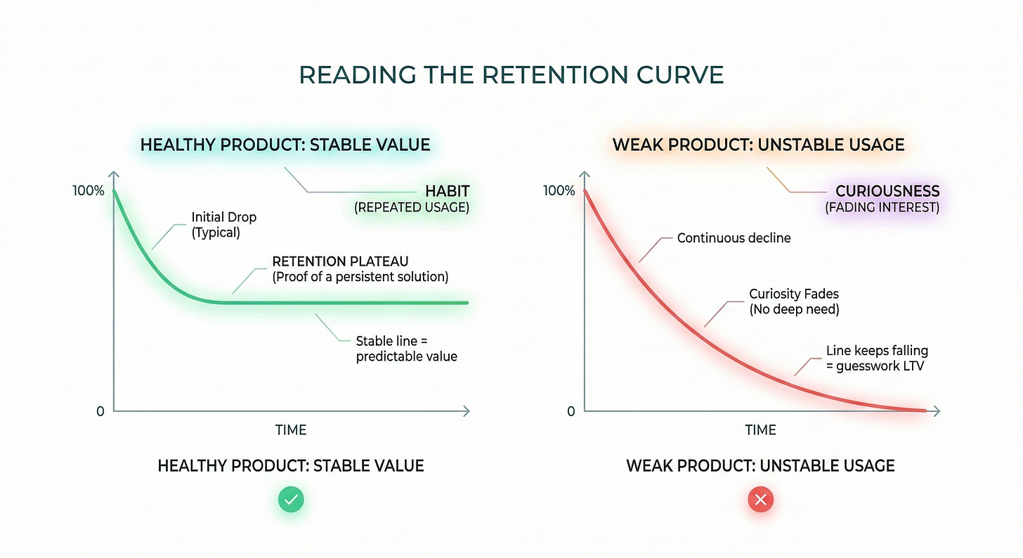 A side by side comparison of a healthy retention curve that stays flat and a weak curve that falls toward zero.