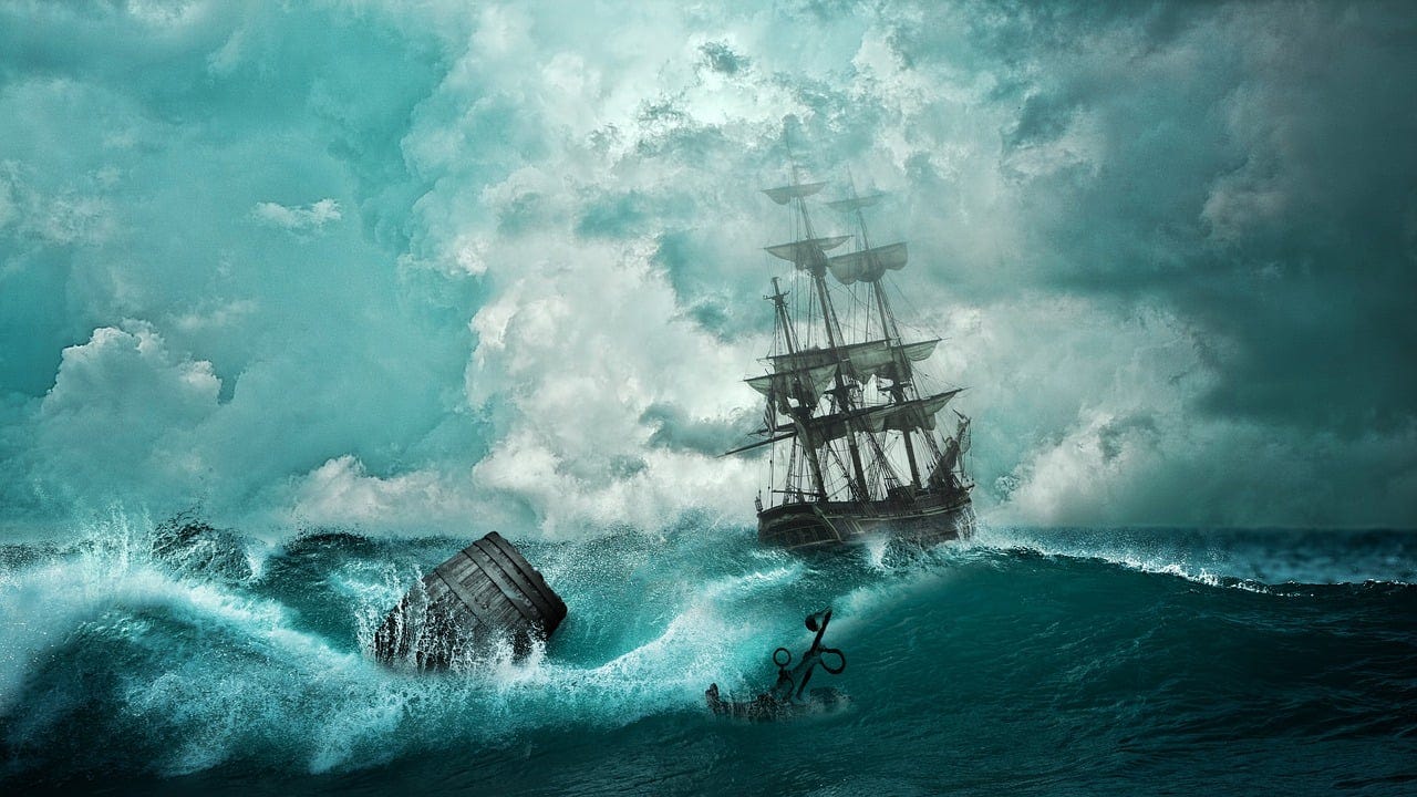 Multi-masted ship with furled sails on a stormy sea with wooden lashed box and anchor floating in deep waves. Blue cast