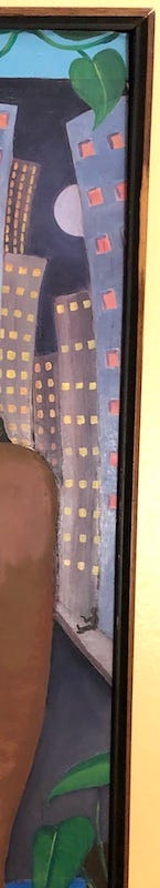 Detail of Angeline's painting showing homeless person on the city street.
