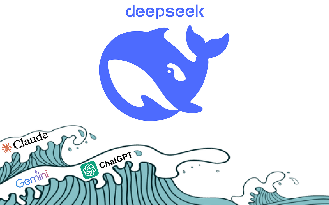 deepseek logo whale with wave underneath and claude, gemini and chatgpt logos in the water