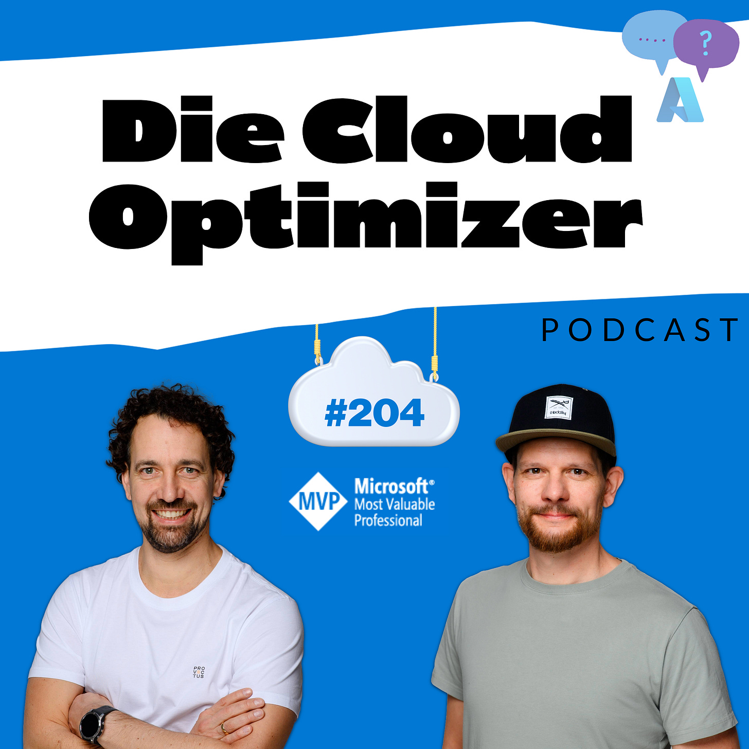 Podcast-Cover „Die Cloud Optimizer“ – links: Christian, rechts: Matthias mit Cap, Folge #204