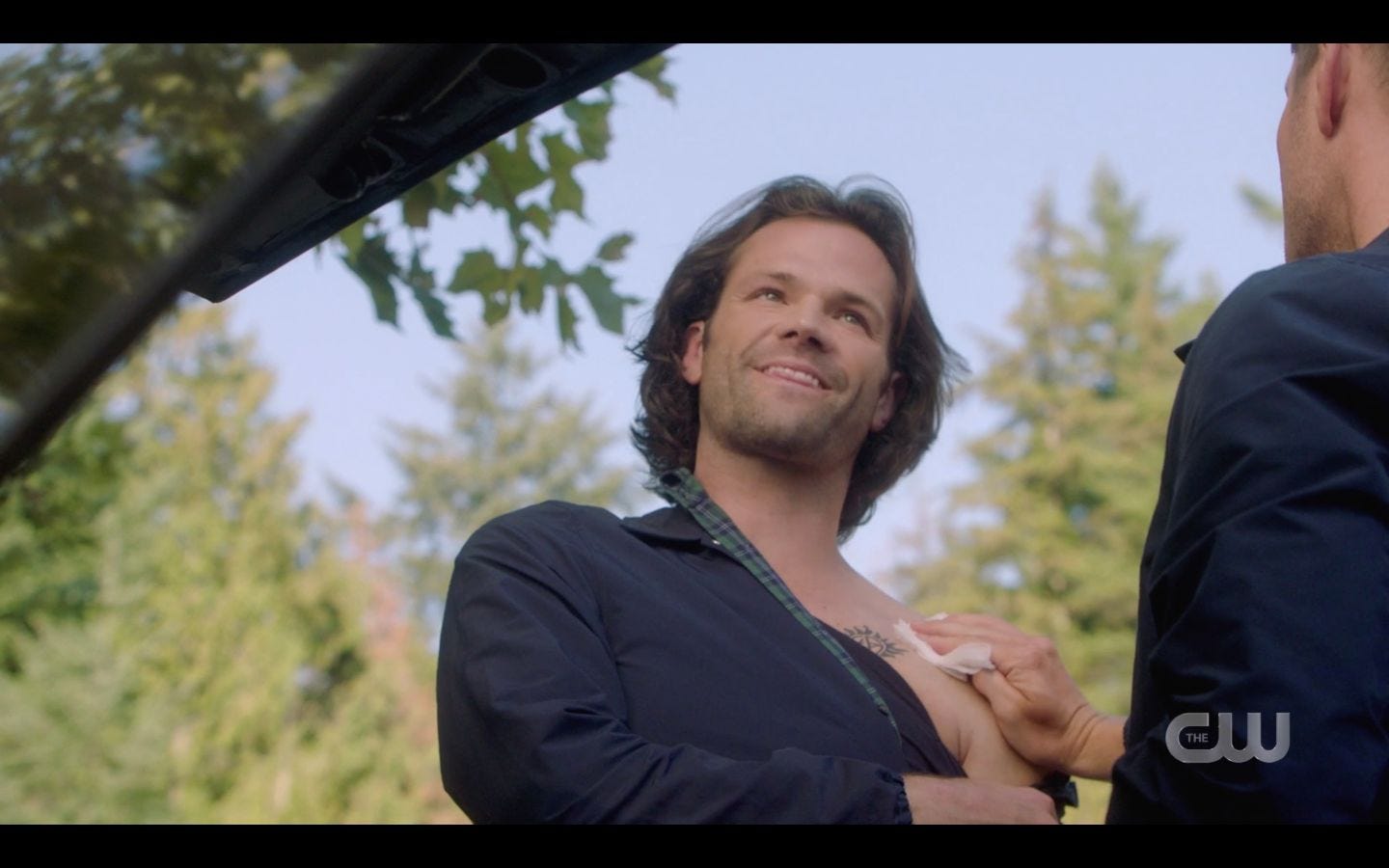 SPN Sam Winchester showing Dean wound on chest Season 15 SPN Sam Winchester showing Dean wound on chest Season 15