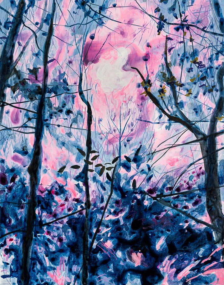 Two portrait-oriented landscape paintings in bright colors: pinks, oranges, mint greens, and inky blues.