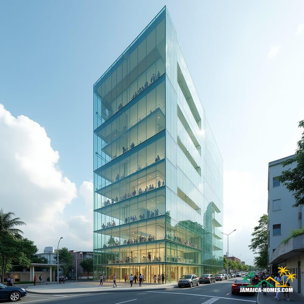 A sleek, ultra-modern glass church towering in the heart of Kingston, Jamaica, featuring 10 levels of cutting-edge architecture. The structure is composed entirely of transparent glass, allowing natural light to flood its interior, creating an open and airy atmosphere. The church is a vertical marvel, with each floor offering unique spaces for reflection, prayer, and community. Below the church, the lower levels are integrated with a school and a collection of modern shops, blending faith, education, and commerce seamlessly. The design features clean lines, geometric shapes, and minimalistic elegance, all while maintaining a strong sense of openness to the vibrant, bustling energy of Kingston’s urban landscape. The church’s towering glass façade reflects the city’s dynamic spirit, making it a beacon of modernity and innovation in the heart of the Caribbean.