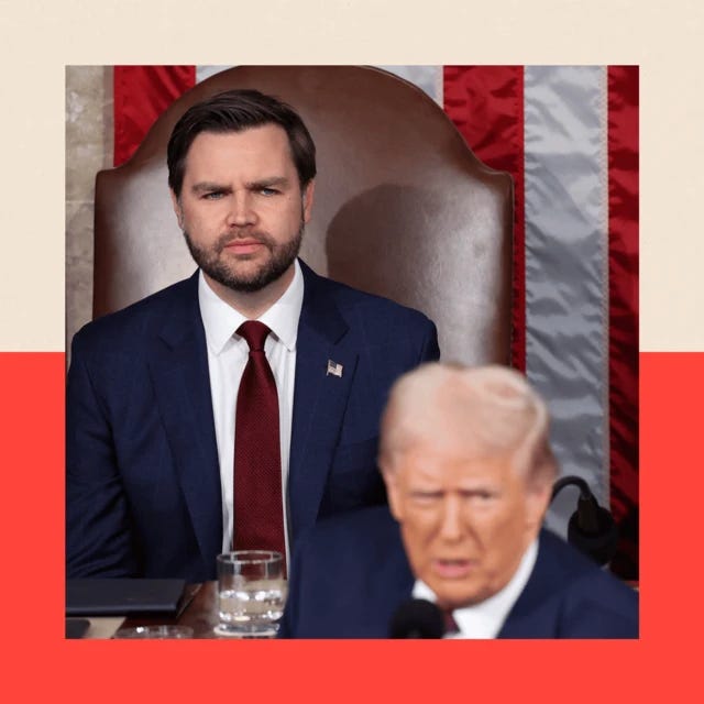 U.S. Vice President JD Vance listens as President Donald Trump delivers a speech