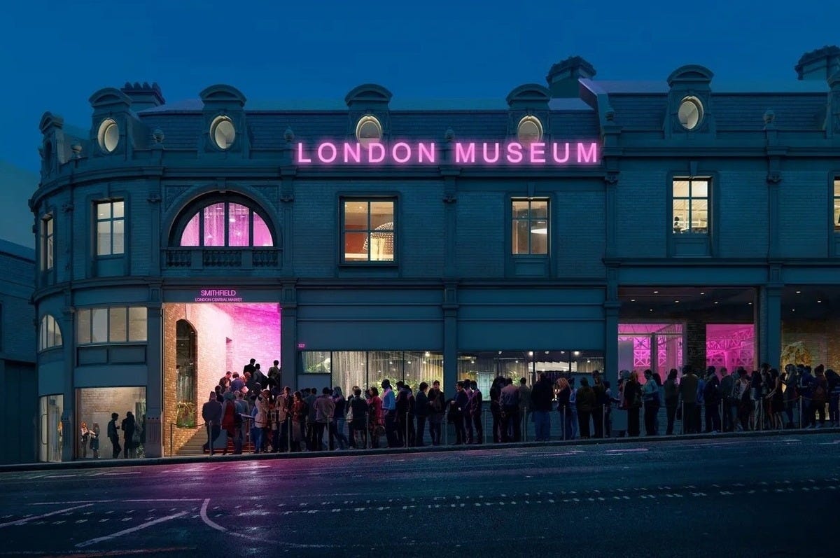 Crowd lined up outside the illuminated "London Museum" at night, concept art