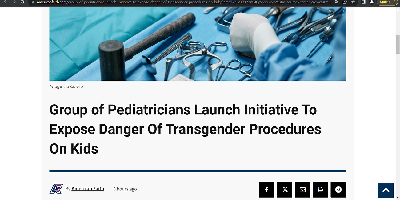 'Group of Pediatricians Launch Initiative To Expose Danger Of Transgender Procedures On Kids'; this is excellent, excellent, as The American College of Pediatricians (ACPeds) launched a new