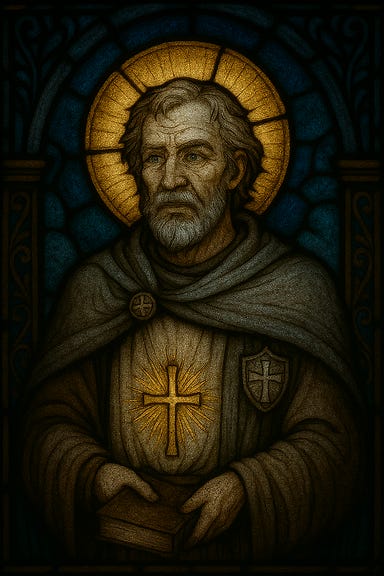 A stained glass window depicting Brother Marek begins to stir with ghostly life. His figure—tall, solemn, with a weathered, thoughtful face, soft searching eyes, and silver‑touched hair—glows from within the colored glass. The leaded outlines shimmer as if warming, and the silver‑blue radiance around him brightens. His expression shifts subtly, sorrow giving way to gentle resolve. The angelic‑chaplain form, rendered in jewel‑toned glass, lifts his head slightly as if awakening. Light ripples through the window like breath, casting moving patterns across the stone floor. The atmosphere is reverent, uncanny, and filled with quiet, sacred power. A stained glass window depicting Brother Marek begins to stir with ghostly life. His figure—tall, solemn, with a weathered, thoughtful face, soft searching eyes, and silver‑touched hair—glows from within the colored glass. The leaded outlines shimmer as if warming, and the silver‑blue radiance around him brightens. His expression shifts subtly, sorrow giving way to gentle resolve. The angelic‑chaplain form, rendered in jewel‑toned glass, lifts his head slightly as if awakening. Light ripples through the window like breath, casting moving patterns across the stone floor. The atmosphere is reverent, uncanny, and filled with quiet, sacred power.