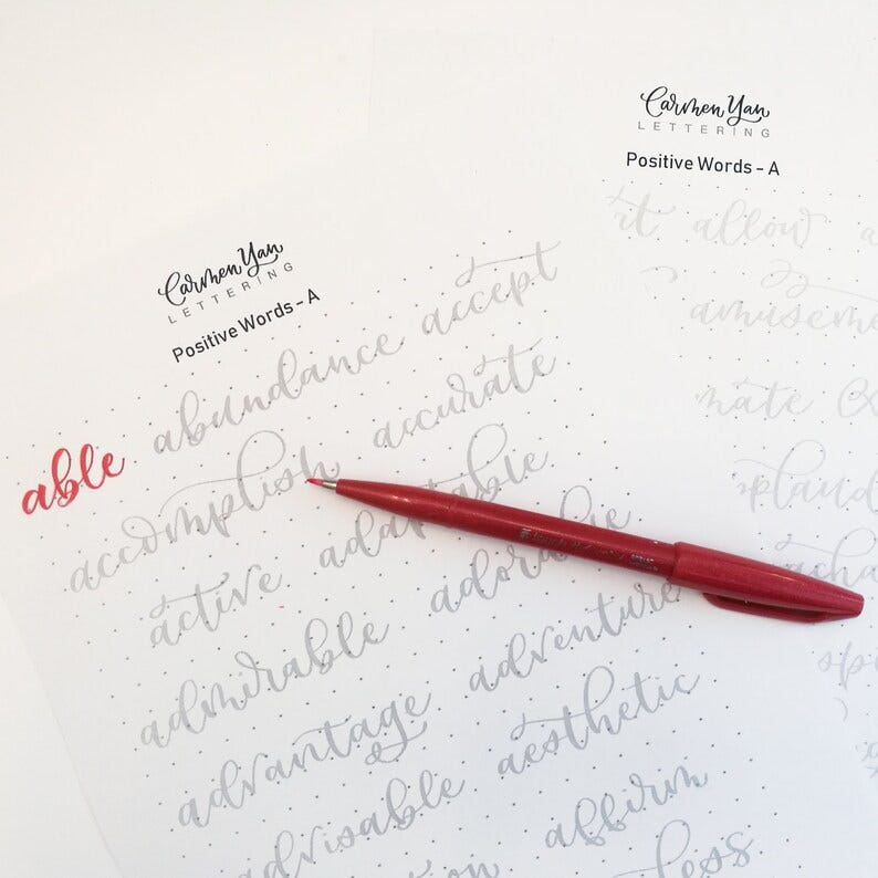 Positive Words - Letter A - small brush pen bouncy lettering Practice sheet image 2