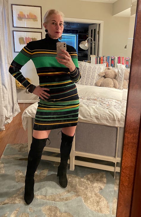 Photos of cakes, jewelry, flowers, Laura Lippman in a sweater dress, and a woman blowing out candles.