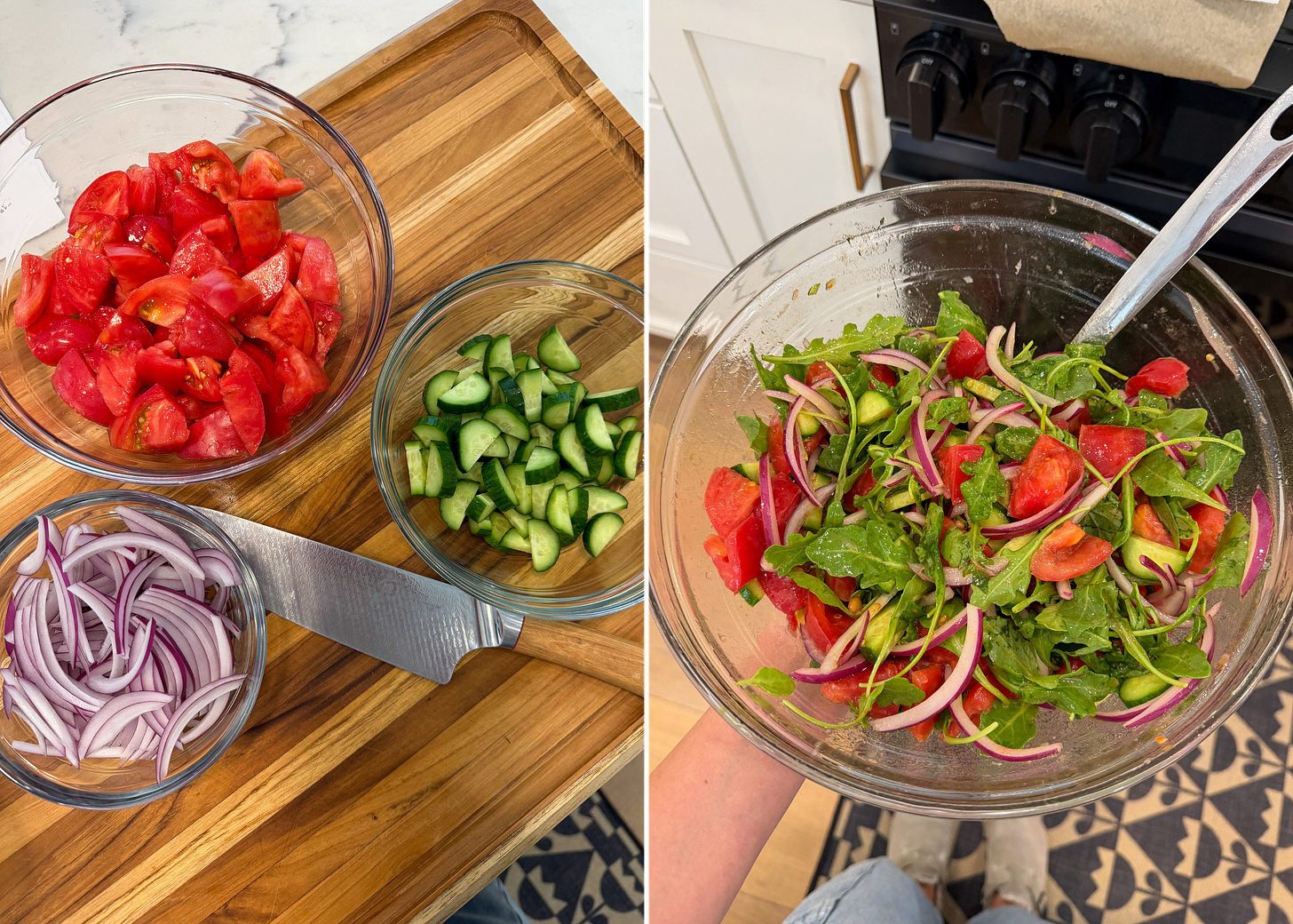 Chopped tomatoes, cucumbers, and sliced red onion prepared for a marinated tomato salad, alongside the finished salad tossed with fresh arugula.