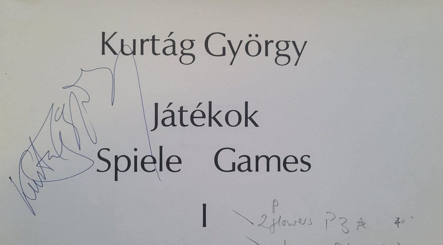 The half-title page for Volume 1 of György Kurtág's Játékok. It has been signed by the composer, in blue ink. The half-title page for Volume 1 of György Kurtág's Játékok. It has been signed by the composer, in blue ink.