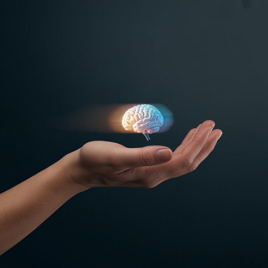 A human hand held open, palm up, against a dark background. A small glowing brain floats just above the palm, moving away with a motion blur trail of warm and cool light. The hand makes no attempt to hold on-https://bit.ly/4sAgPme A human hand held open, palm up, against a dark background. A small glowing brain floats just above the palm, moving away with a motion blur trail of warm and cool light. The hand makes no attempt to hold on-https://bit.ly/4sAgPme