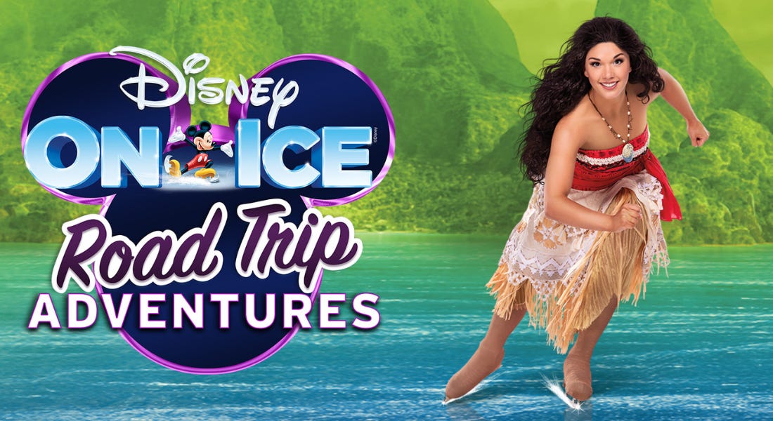 A purple Mickey Mouse logo that says 'Disney on Ice road trip adventures' with Moana skating to the right of it A purple Mickey Mouse logo that says 'Disney on Ice road trip adventures' with Moana skating to the right of it
