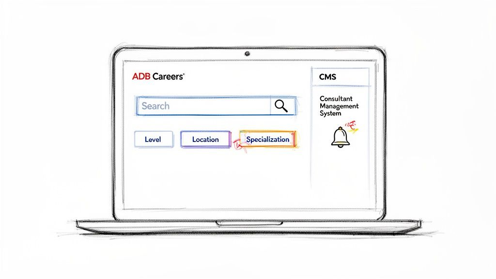 Sketch of a laptop screen displaying the ADB Careers job portal with search fields for level, location, and specialization. Sketch of a laptop screen displaying the ADB Careers job portal with search fields for level, location, and specialization.