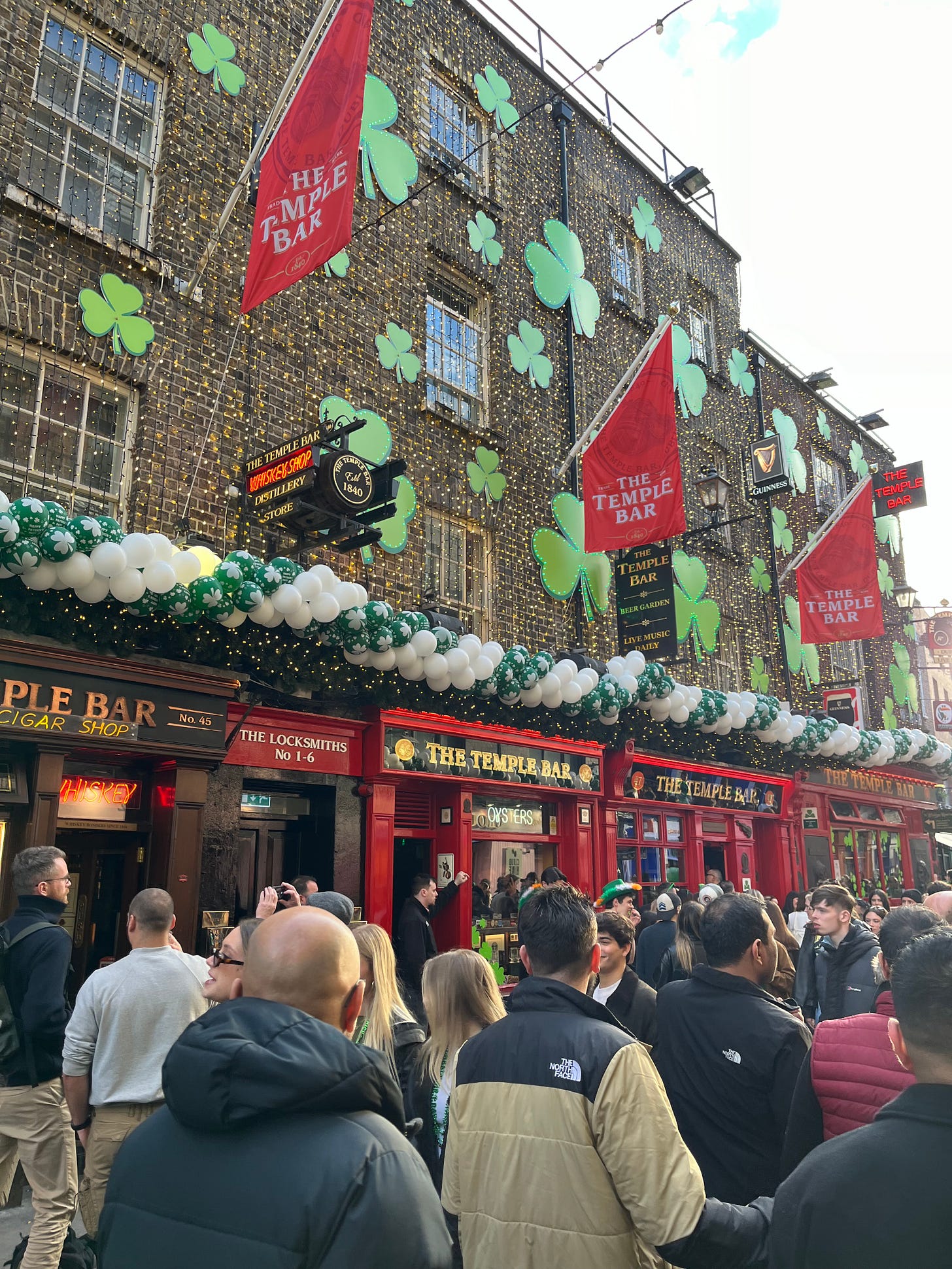 Photo of Temple Bar all decked out for St. Patrick's Day