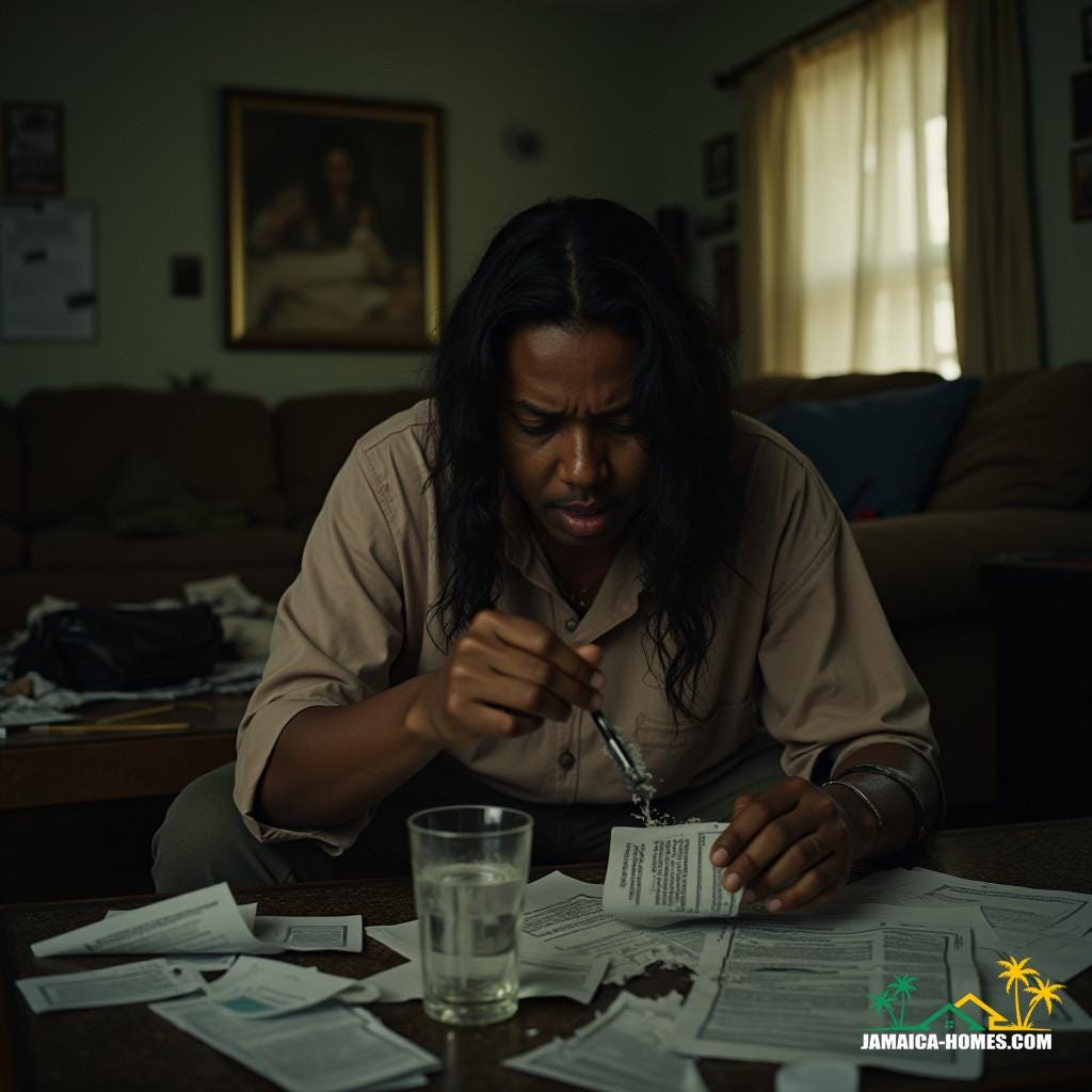 A distraught homeowner in Jamaica, surrounded by piles of paperwork and broken dreams, sits amidst a dimly lit, cluttered living room, with a shattered glass of water on the coffee table in front of them, as they clutch a crumpled contract in their hand, with a look of despair and desperation etched on their face, in a cinematic film still shot on 35mm film with a V-Raptor XL camera