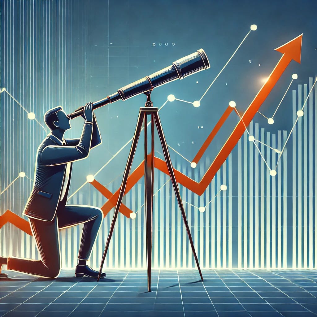 A business-themed illustration showing a person using a telescope to observe a line graph with upward and downward trends. The person is kneeling and using a tripod-mounted telescope, with lines in the background representing fluctuating financial or market data. The setting has a minimalist, abstract style, with a blue background and orange and white lines representing market trends. The overall color palette is muted, professional, and clean, emphasizing the focus on data observation and analysis.