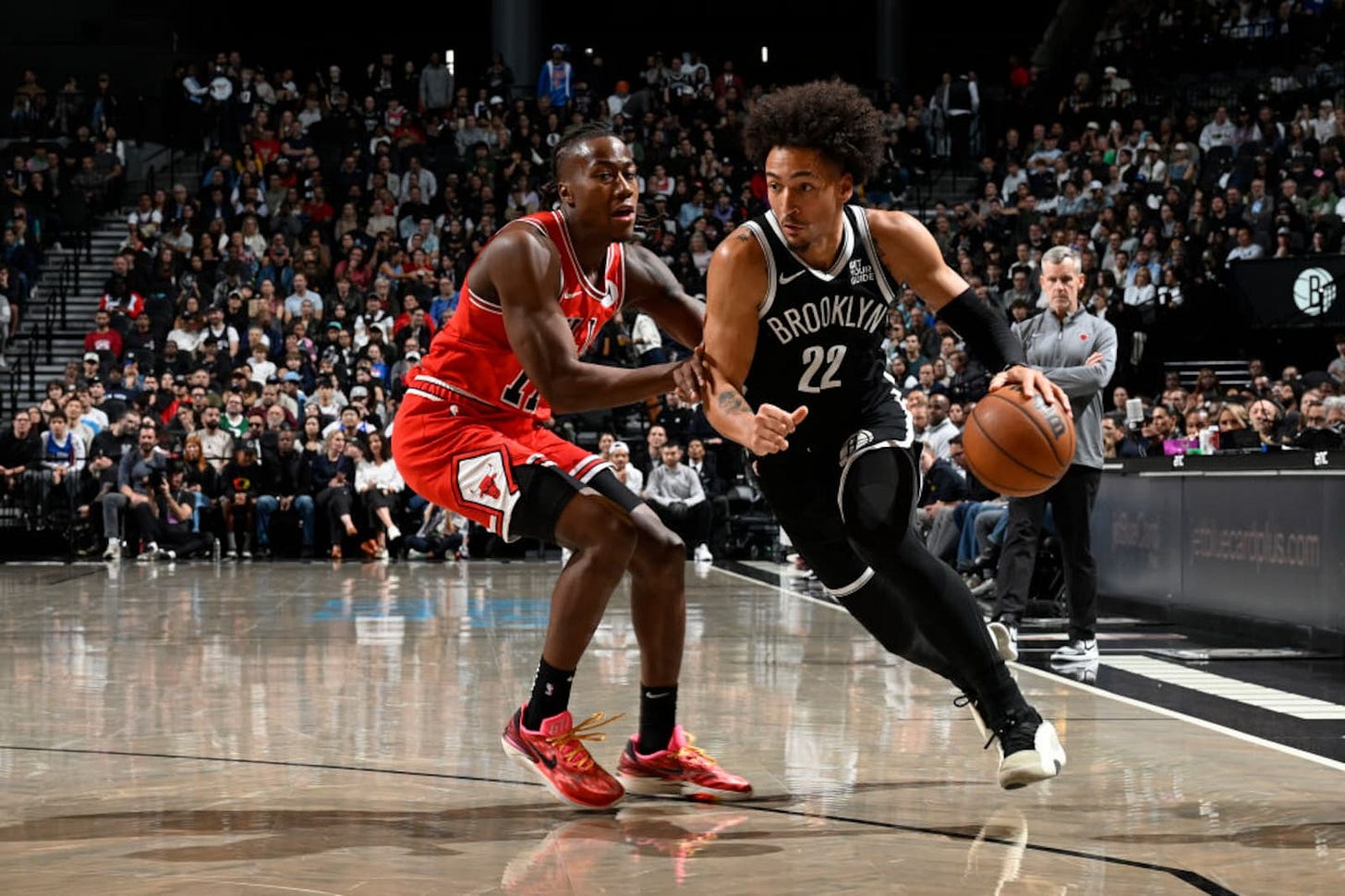 Lightbox-image: BROOKLYN, NY - NOVEMBER 1: Jalen Wilson #22 of the Brooklyn Nets dribbles the ball during the game against the Chicago Bulls on November 1, 2024 at...