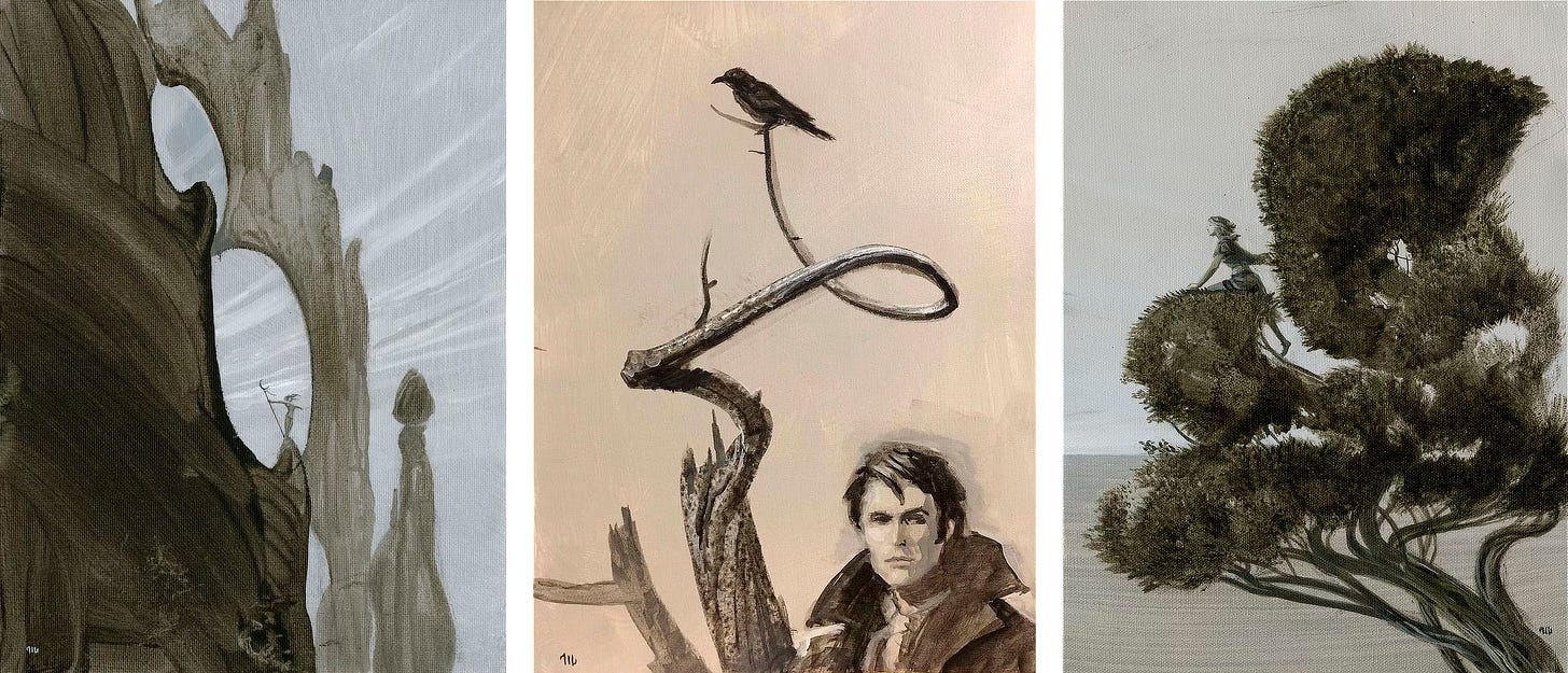Three portrait oriented monochrome paintings. LEFT: Worm’s eye view of tall rock formations that meet to forms a series of ovular openings. In the center, a tiny figure holding a staff with crescent head throws their arms out wide. The sky behind them is traced with movement of thin streaming clouds. CENTER: Roland Deschain captured from shoulder up glances a the view. The collar of his leather duster is popped up. Next to him a weathered tree branch curls and forks with a raven calmly perched at the apex. RIGHT: Sinuous branches lead to leafy tree tops that occupy most of the panel. A female figure emerges in profile with leg in full extension and the other knee propped forward with her hand resting there. She stares left intently off in the distance.