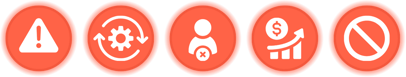 Five red icons representing IT challenges: downtime, reactive work, turnover, budget spikes, and unpredictability