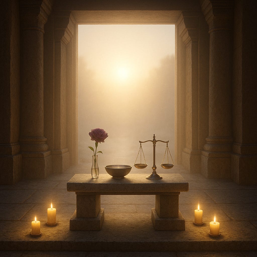 Candle-lit temple threshold at dawn; simple altar with water bowl, single rose and small scales; soft golden “living light” aura of protection.