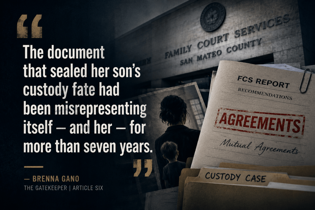 An image featuring a dramatic quote about a custody case, with a backdrop of a family court building and documents labeled 'FCS Report' and 'Custody Case.' The quote discusses misrepresentation in a custody document impacting a mother and her son. An image featuring a dramatic quote about a custody case, with a backdrop of a family court building and documents labeled 'FCS Report' and 'Custody Case.' The quote discusses misrepresentation in a custody document impacting a mother and her son.