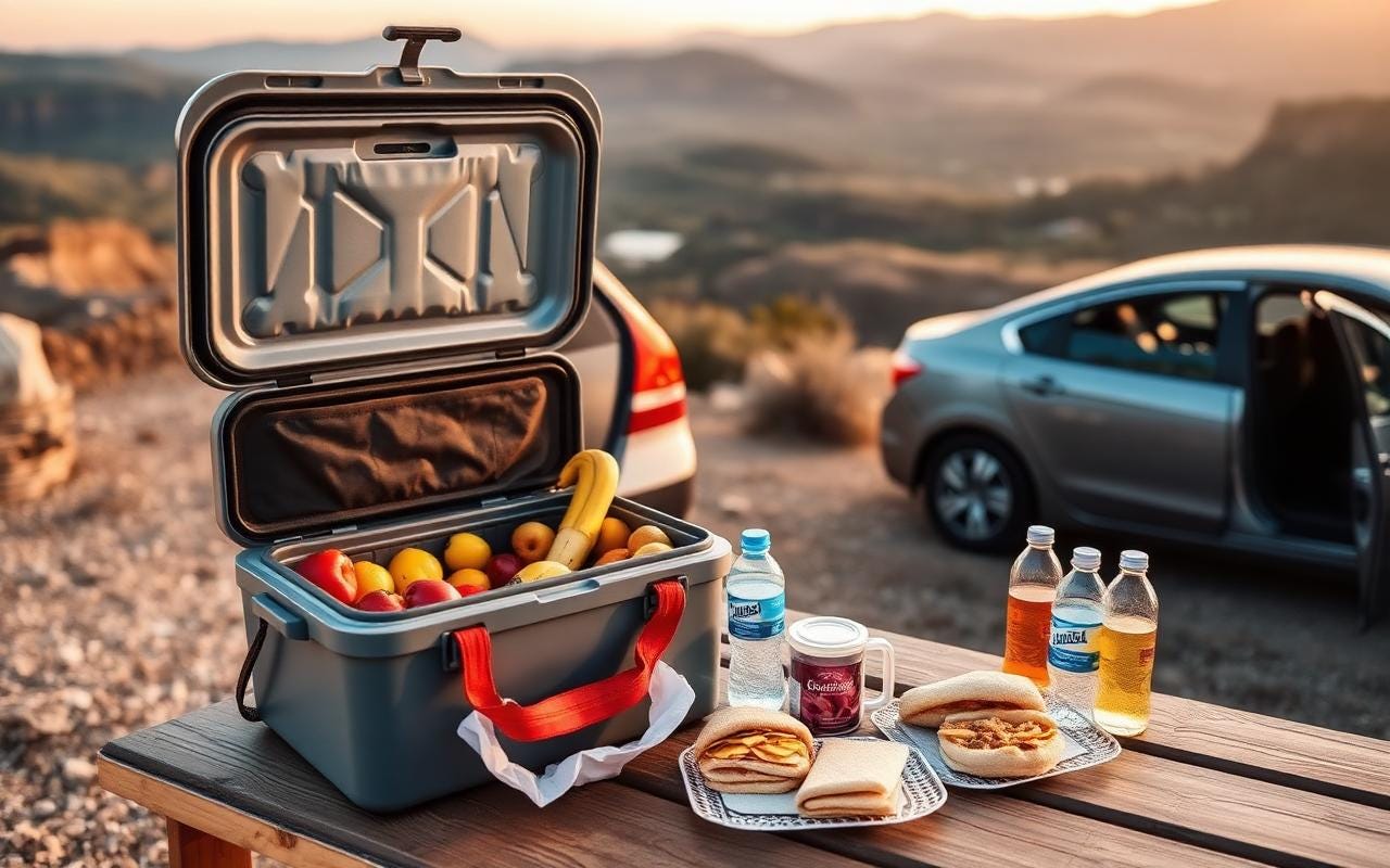 A cooler open on a wooden picnic table next to a parked car at a scenic overlook