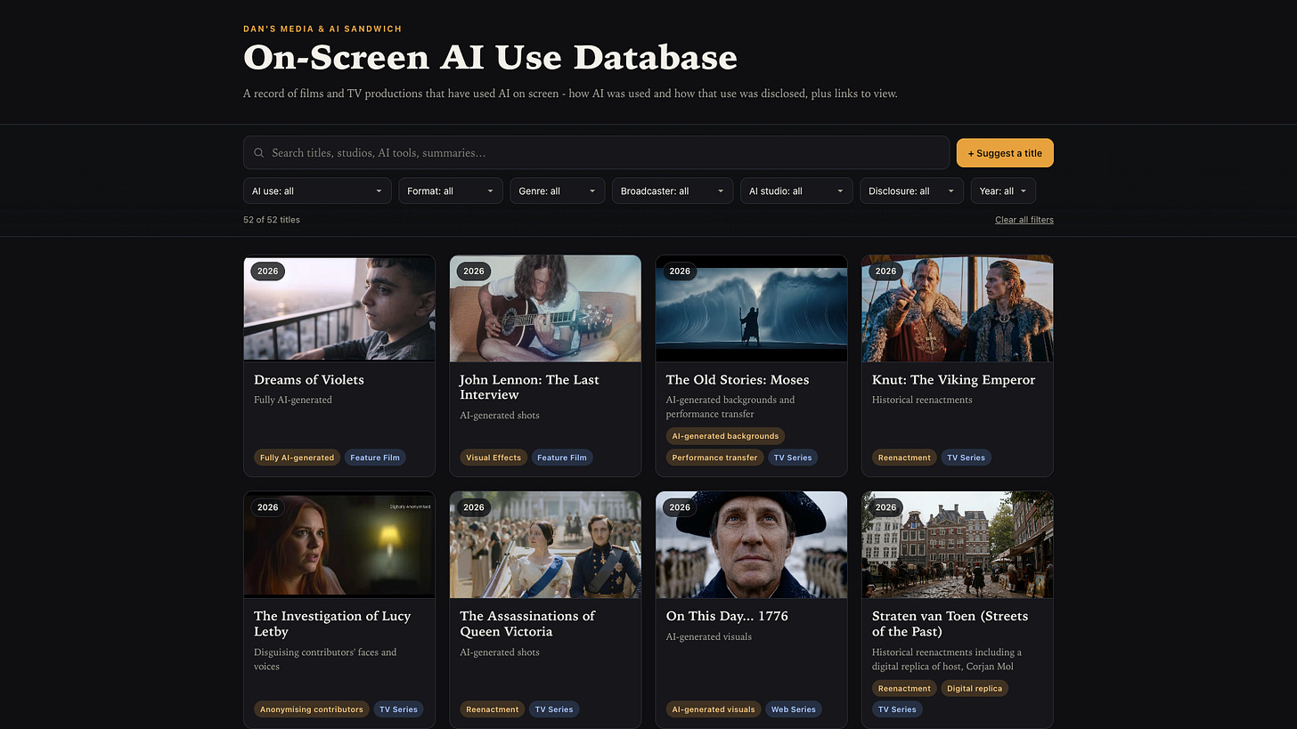 Screengrab of the On-Screen AI Use Database