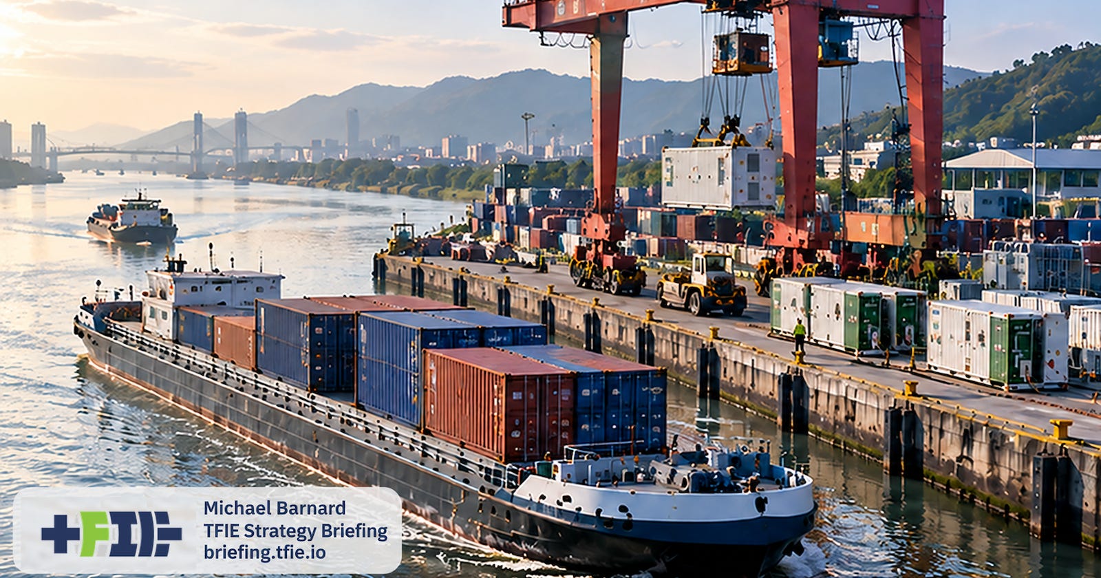 Conceptual illustration of a Chinese inland container vessel passing an industrial river terminal, where a gantry crane handles a battery container beside charging equipment and electrical infrastructure.