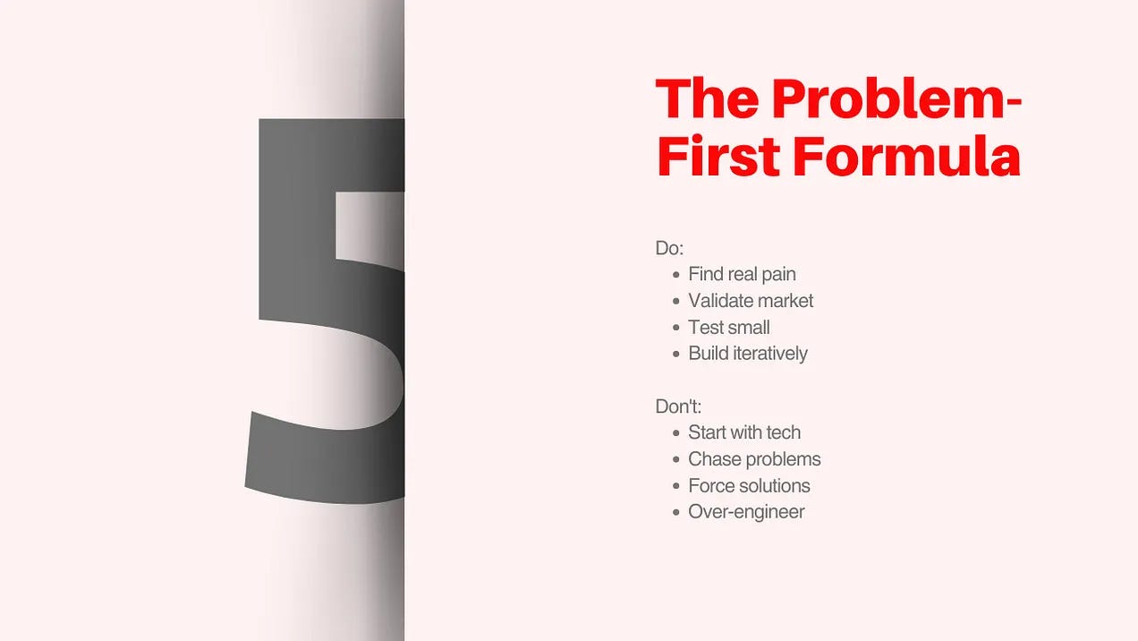 Slide outlining the problem-first approach for startups, listing key do’s like finding real pain points and testing small, and don’ts like over-engineering and forcing solutions. Slide outlining the problem-first approach for startups, listing key do’s like finding real pain points and testing small, and don’ts like over-engineering and forcing solutions.